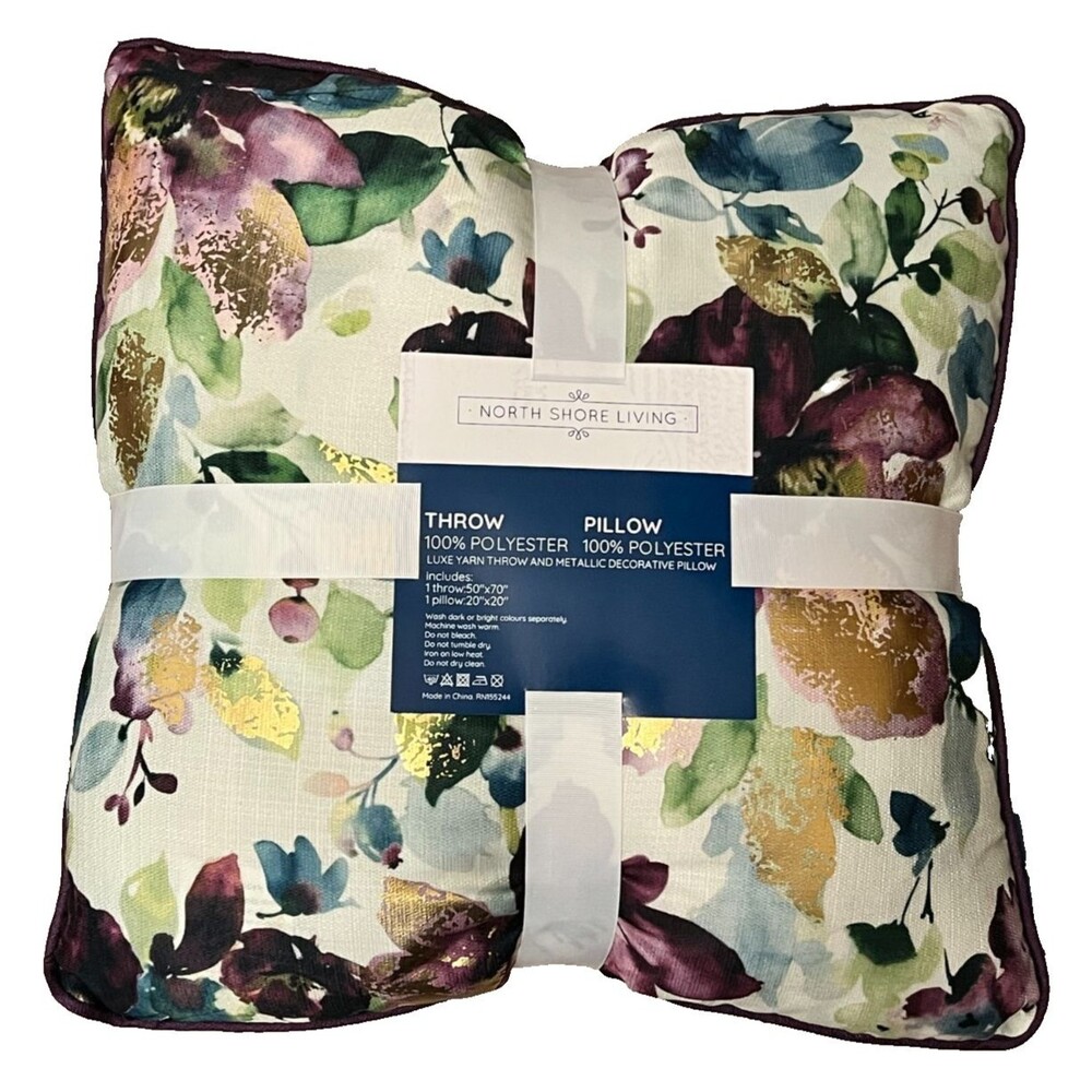 NWT NORTH SHORE LIVING 2pc Throw Blanket & Pillow Set Purple Gold Floral Spring